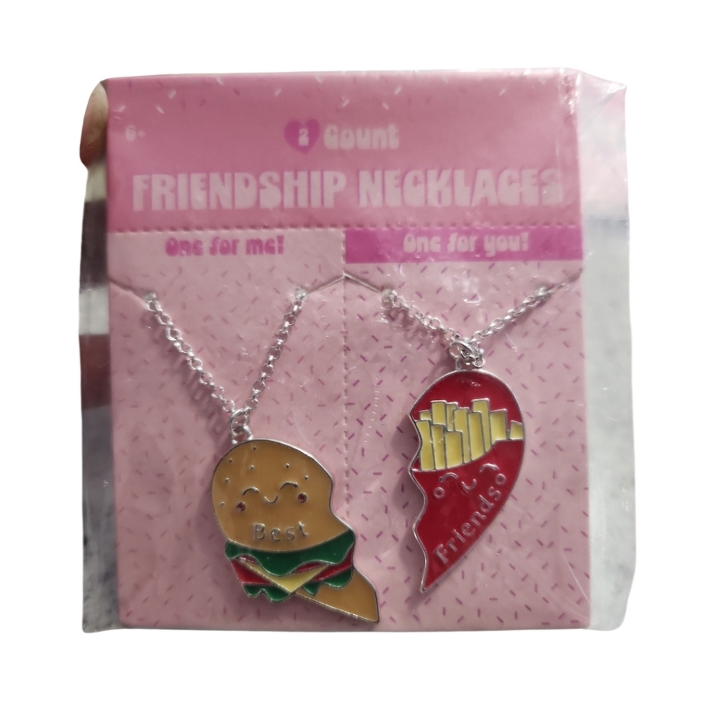 Cheeseburger & Fries Heart Friendship "BEST FRIENDS" Necklace Set Silvertone NEW